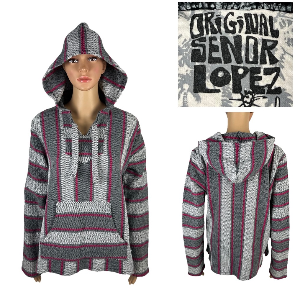Original Senor Lopez Womens Large Hoodie Woven Baja Pullover Poncho Made Mexico